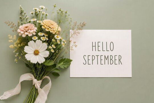 Hello September greeting card with a beautiful flower bouquet