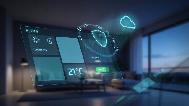 Smart home interface, floating screen with security and climate control in a modern living room