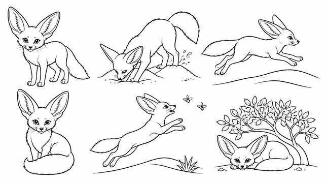 Set of cute fennec fox character poses in line art
