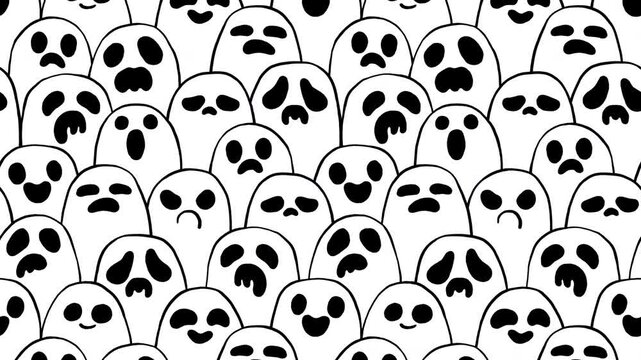 Seamless looping 2D cartoon animation pattern with a hand-drawn crowd of ghosts with various expressions. Perfect for festive promotions, social media, event invitations, or as a dynamic background.