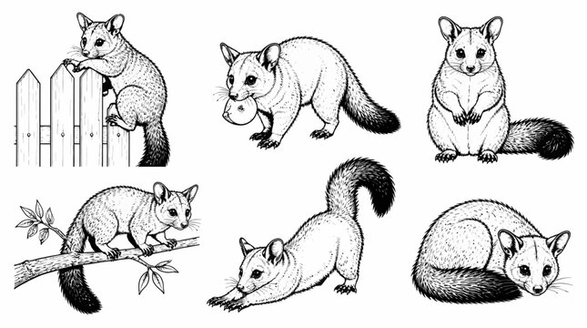 Set of Hand-Drawn Australian Brushtail Possums in Various Poses