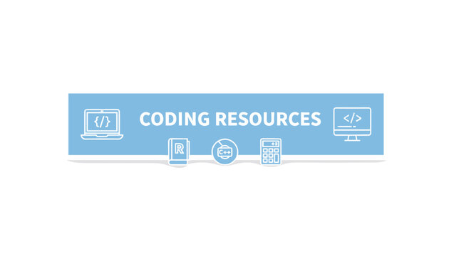 Blue banner displaying coding resources text alongside linear icons of a laptop, books, and programming logos.
