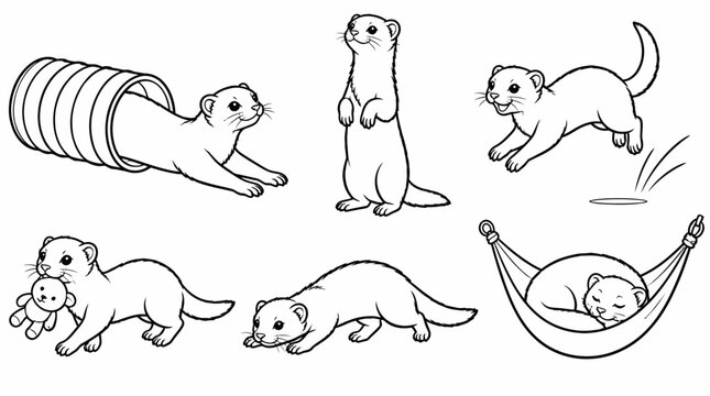 Ferrets set, cute black and white line art illustrations