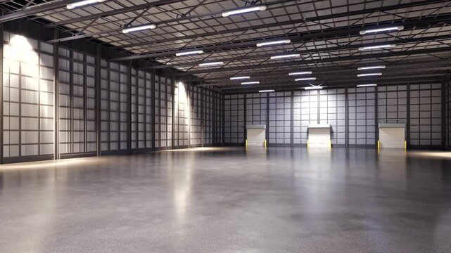 3d rendering empty factory interior fully enclosed with rolling shutter door 4k footage