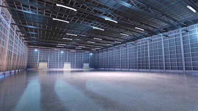 3d rendering empty factory interior fully enclosed with rolling shutter door 4k footage