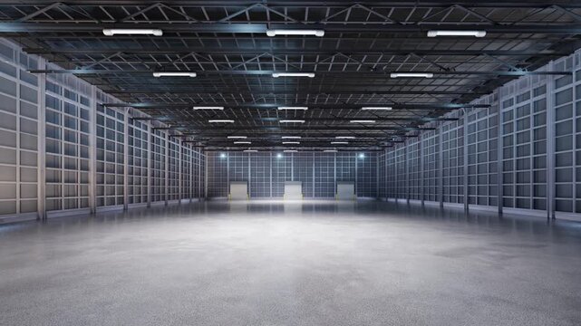 3d rendering empty factory interior fully enclosed with rolling shutter door 4k footage