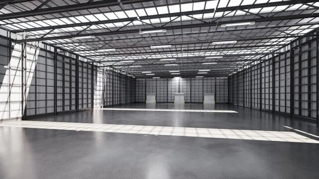 3d rendering empty factory interior filled with natural light 4k footage