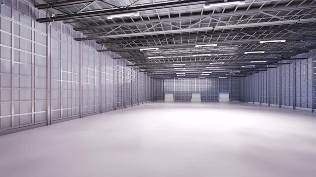 3d rendering empty factory interior fully enclosed with rolling shutter door 4k footage