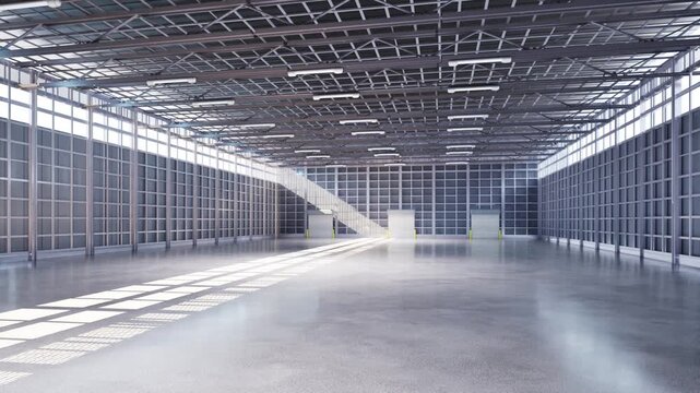 3d rendering empty factory interior filled with natural light 4k footage