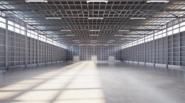 3d rendering empty factory interior filled with natural light 4k footage