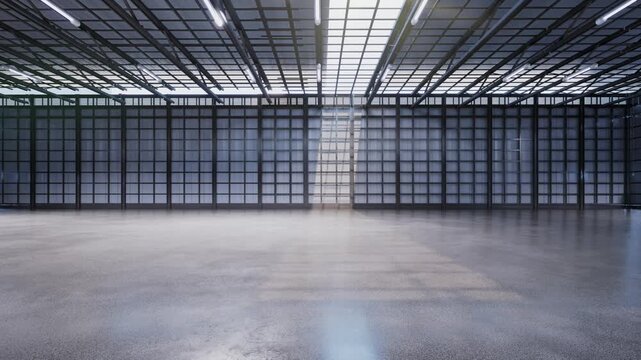 3d rendering empty factory interior filled with natural light 4k footage