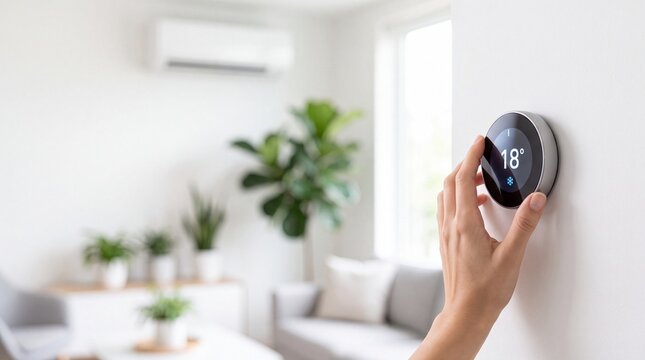 Woman adjusting a smart digital thermostat on a white wall to control the temperature and climate in a modern bright living room with indoor plants