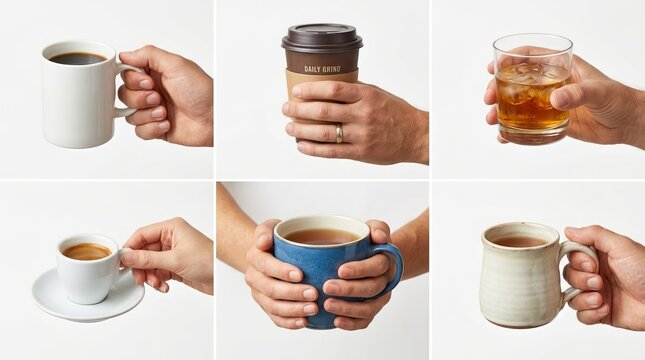 Collection of Hands Holding Various Coffee Tea and Cold Drinks Isolated on White Background