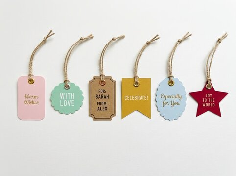 Assortment of colorful handmade gift tags with holiday and celebration greetings