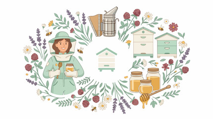 Illustration of beekeeper with hives and honey jars. © Lilik