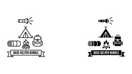 Premium black and white outline vector of a camping tent and various camping items Vector Icon Isolated on White Background © svgcom11