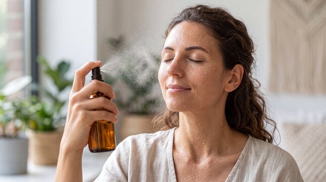 Young woman with closed eyes applying facial mist spray from an amber glass bottle for refreshing skin hydration and beauty care routine at home