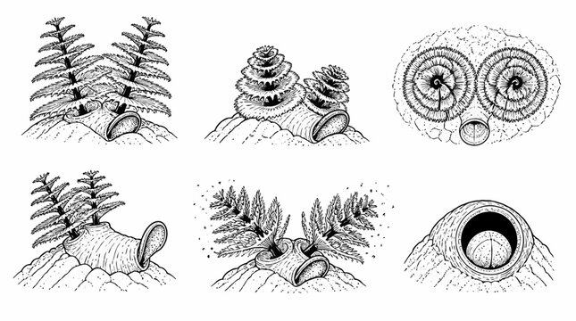 Spirobranchus Christmas Tree Worms Set, Detailed Marine Life Illustration