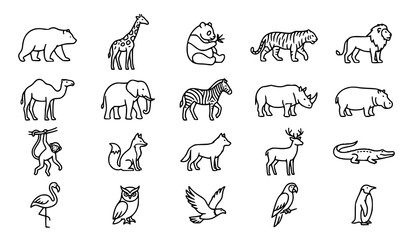 Obraz premium Wild Animal Outline Icons Collection Featuring Mammals Birds Reptiles and Safari Wildlife Species Set