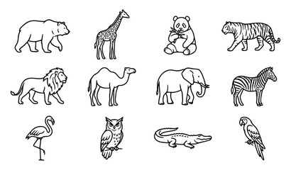 Hand Drawn Wild Animal Collection with Bear Giraffe Panda Tiger Elephant Flamingo Owl and Crocodile © Songkari