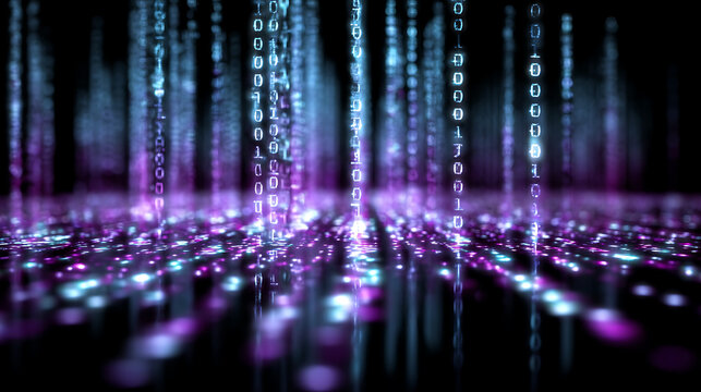 glowing binary code particles in blue and purple representing digital technology cyber security data network and futuristic abstract background