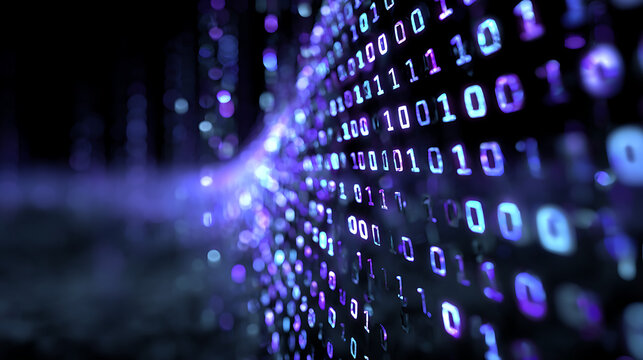 abstract digital matrix of binary code numbers glowing blue and purple representing technology cyber network data security and futuristic design