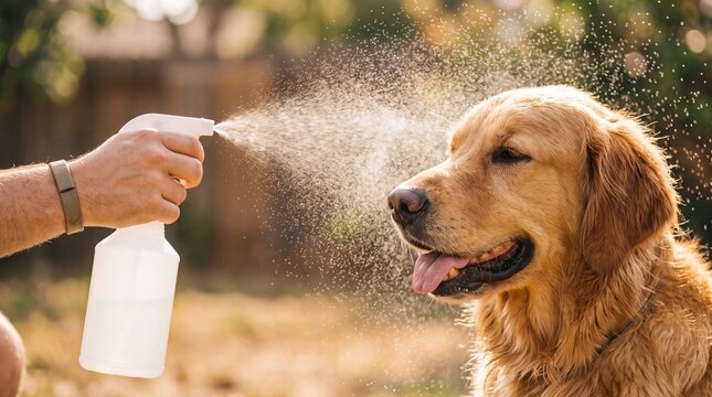 A person uses a white spray bottle to mist a golden retriever dog with water outdoors on a sunny day to keep the pet cool during summer heat.