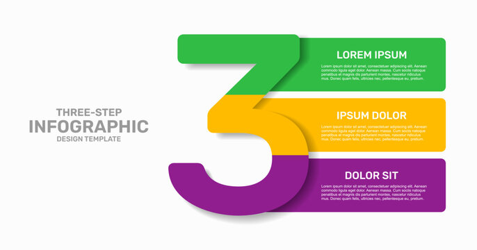 Three-step horizontal banner infographic template with a large number 3, text and business icons. Vector illustration.