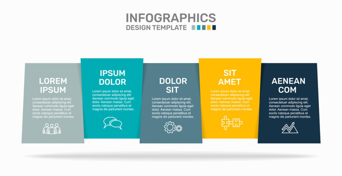 Modern business infographic template featuring five overlapping colorful vertical blocks with line icons. Vector illustration.
