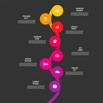 Modern business infographic template featuring eight circular steps connected by a winding ribbon. Vector illustration.
