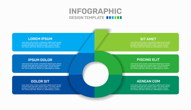 Three-step horizontal banner infographic template with a large number 6, text and business icons. Vector illustration.