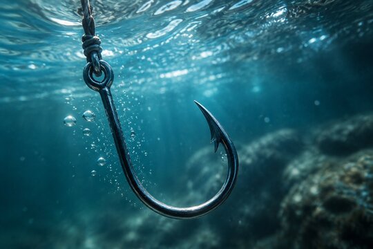 Close-up of a metallic fish hook submerged in clear blue water.