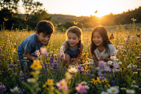 Children exploring wildflower meadow chasing butterflies together at golden hour sunset outdoor summer friendship adventure concept