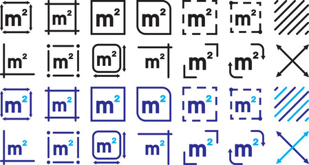 Square meter icon m2 in a clean outline style, representing area measurement and land dimension. Flat square meter M2 measuring symbol in a clean linear style, representing surface area and space meas © TASLIMA