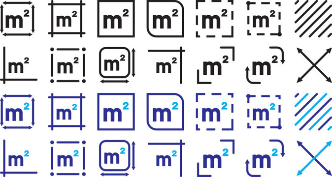Square meter icon m2 in a clean outline style, representing area measurement and land dimension. Flat square meter M2 measuring symbol in a clean linear style, representing surface area and space meas