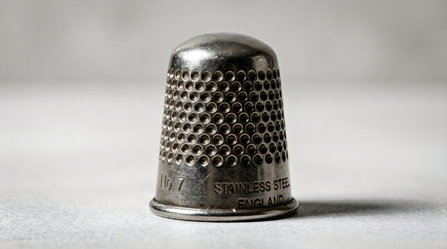 Vintage metal thimble with embossed design on neutral background