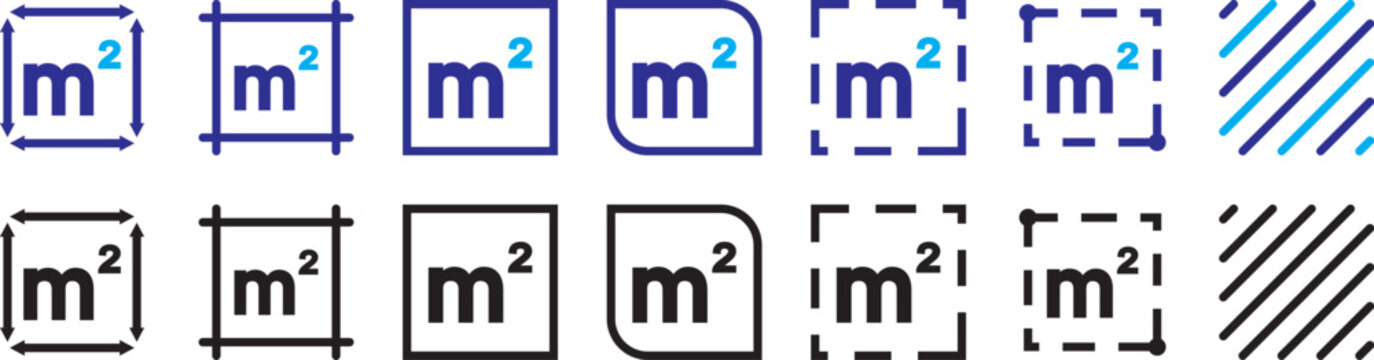 Square meter icon m2 in a clean outline style, representing area measurement and land dimension. Flat square meter M2 measuring symbol in a clean linear style, representing surface area and space meas