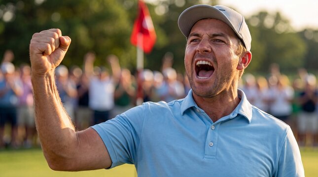 A middle aged male golfer celebrates a big win with a triumphant fist pump and excited shouting expression on a bright sunny day at a golf course