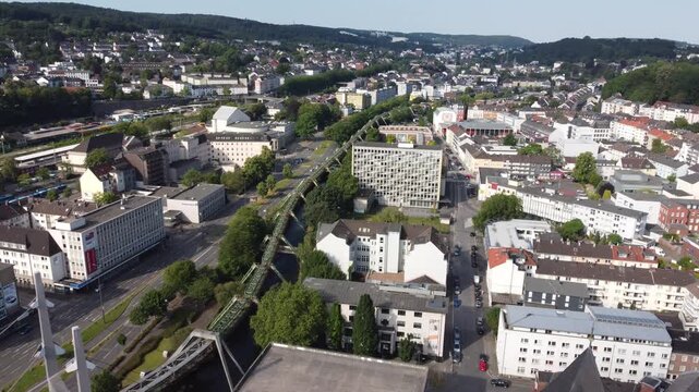 Aerial view of the city of Wuppertal in North Rhine-Westphalia, including the city center 4k.