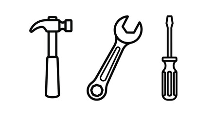 Hammer wrench and screwdriver line icons on a white background © PAKE