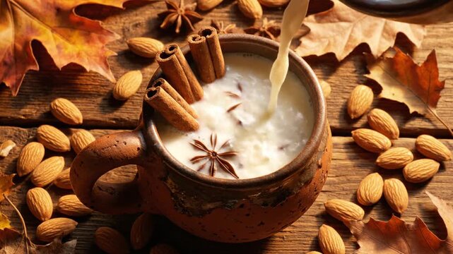 Pouring Milk into Mug with Cinnamon Sticks and Star Anise, Almonds and Autumn Leaves