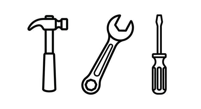 Hammer wrench and screwdriver line icons on a white background