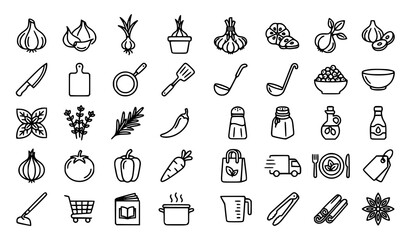 Fototapeta premium Cooking Ingredients and Kitchen Tools Outline Icons Set with Vegetables Spices Utensils and Food Preparation