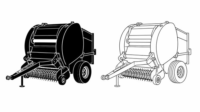 Round Baler Agricultural Machine Icon Set in Black and White Outline