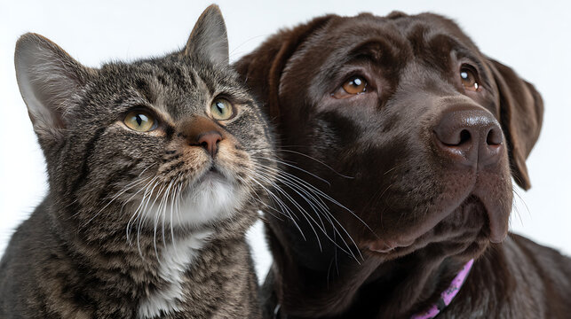 close up portrait of cat and dog looking curiously together representing animal friendship pet companionship and cute domestic animals bond