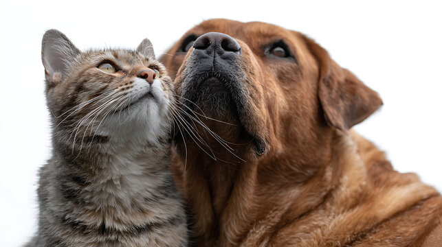 close up portrait of cat and dog looking curiously together representing animal friendship pet companionship and cute domestic animals bond