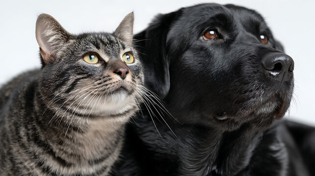 close up portrait of cat and dog looking curiously together representing animal friendship pet companionship and cute domestic animals bond