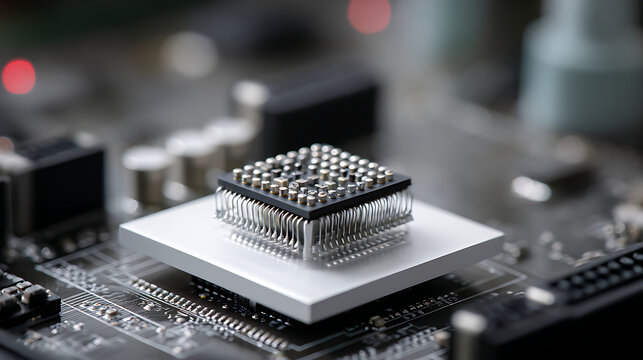 close up of illuminated computer chip on motherboard showing digital technology semiconductor innovation and advanced electronic processor concept