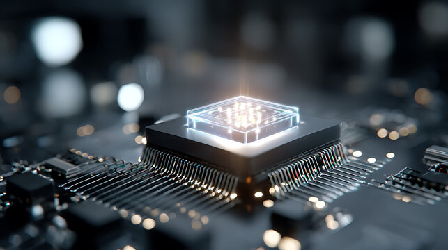 close up of illuminated computer chip on motherboard showing digital technology semiconductor innovation and advanced electronic processor concept