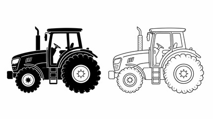 Obraz premium Tractor silhouette and line art set, agricultural machinery icon